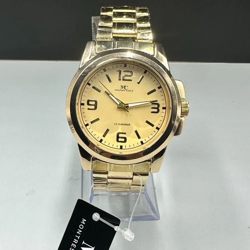 Montres Carlo Watch Men Gold Tone Round 43MM Case New Battery 8.75